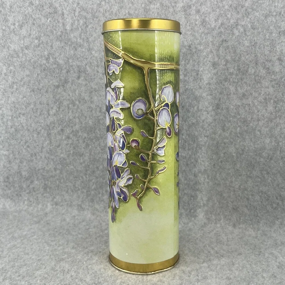 Silver Crane Green Floral Tin Art Nouveau Wisteria Storage Canister Lid Spring